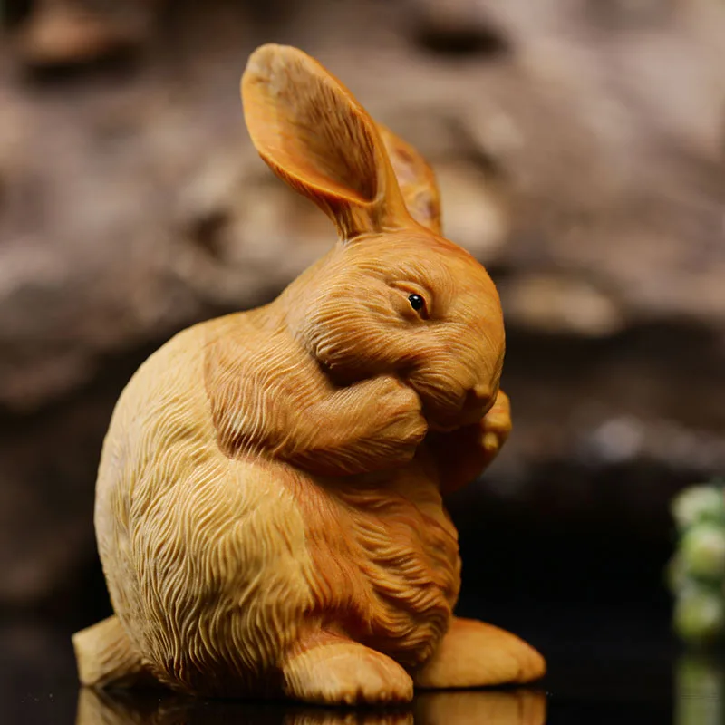 Feeding Rabbit Feng Shui Sculpture - Hand-Carved Wooden Collectible for Home Decor