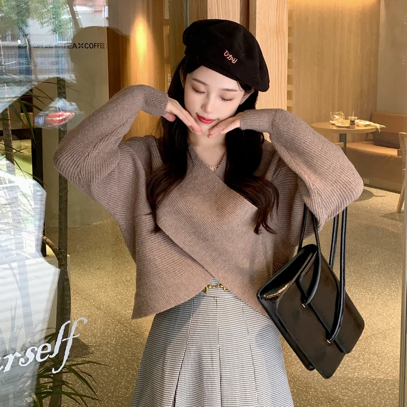 Women Sweaters Criss-cross Irregular Cropped Tender Solid Color Pullovers Temperament Knitwear Off-shoulder Sweet Korean Sexy