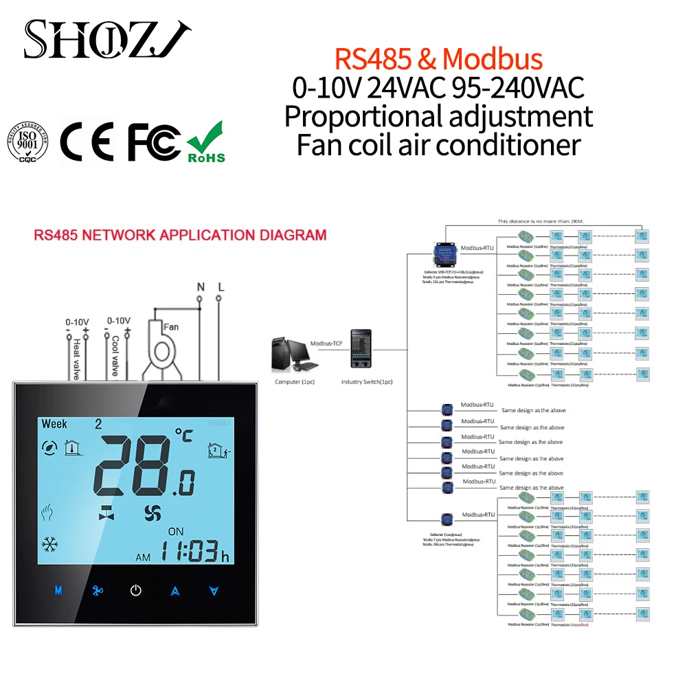 Modbus e rs485 móvel 0-10v 24v 95-240v, controle remoto de temperatura doméstica, interruptor de termostato para ventilador de bobina de calor legal