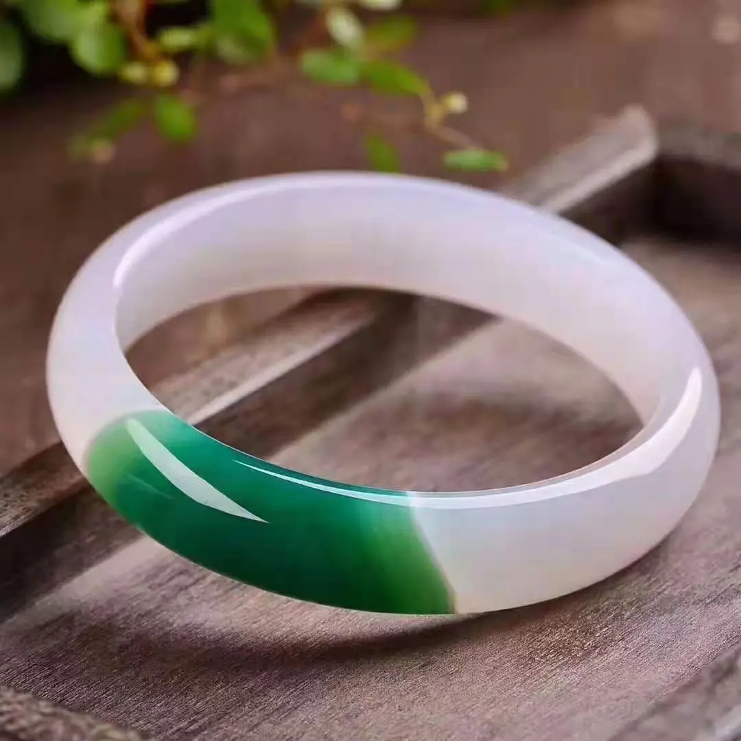 Fine Quality Natural Ice Jade Green White Chalcedony Agate Bangles Fashion Hand Ring Jewelry Bracelet Accessorie Gift Lucky