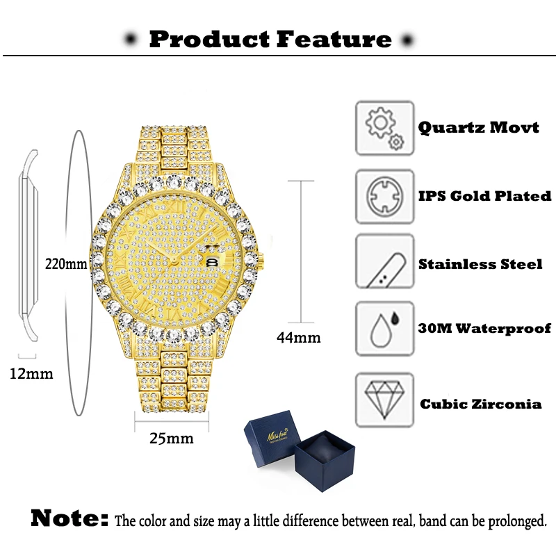 MISSFOX Top Hip Hop Men Watches Gold Diamond Bracelet Royal Japanese AAA Quartz Watch Numbers Luxury Waterproof Best Selling