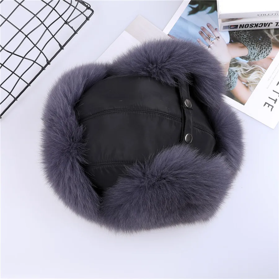 Unisex 100% Real Fur Hat for Women Natural Silver Fox Fur Russian Ushanka Hats Winter Thick Warm Ears Fashion Men's Bomber Cap