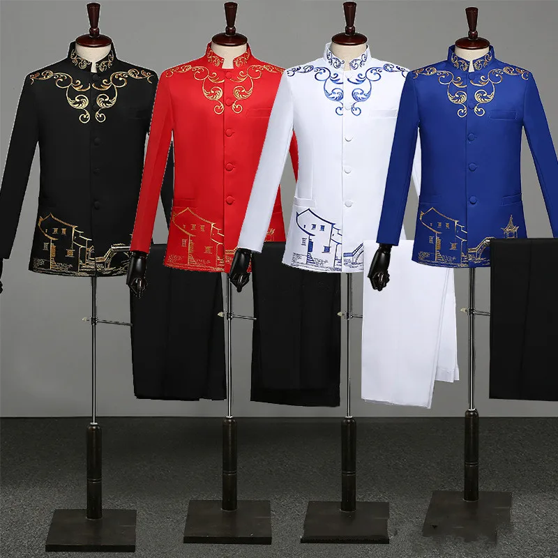 Traditional Chinese Clothing Embroidered Tunic Suit Men's Host Performance Costume Long Sleeve Wedding Groom Formal Costume