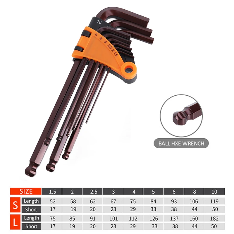 9pcs Ball-End Hex Allen Key L Wrench Set Torque Long Metric With Sleeve Hand Tools Screwdriver Hexagon Spanner Universal Wrench