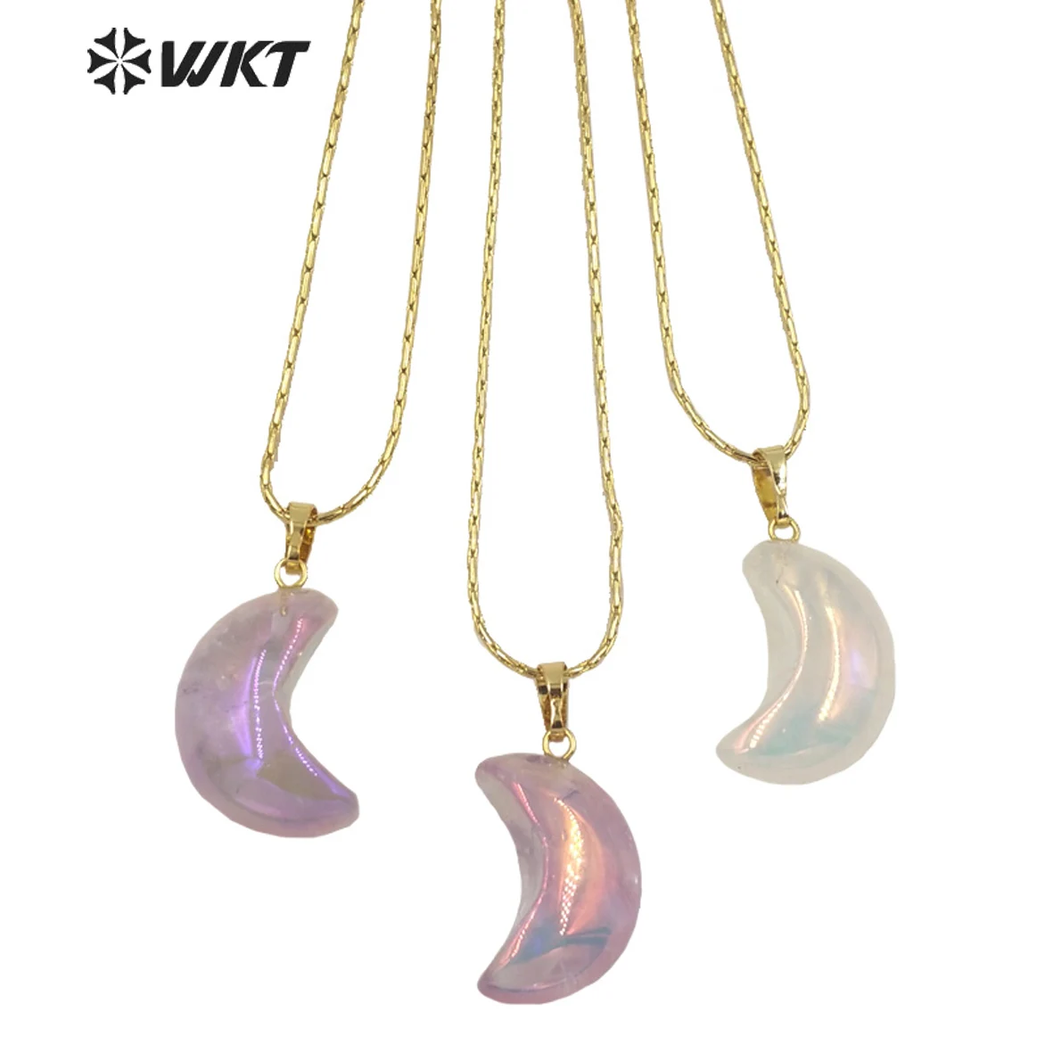 WT-N1335 Romatic Cute Shiny Crystal with Arua Pendant Necklace Moon Shape Natural Stones Amethysts with Aura Jewelry Necklace