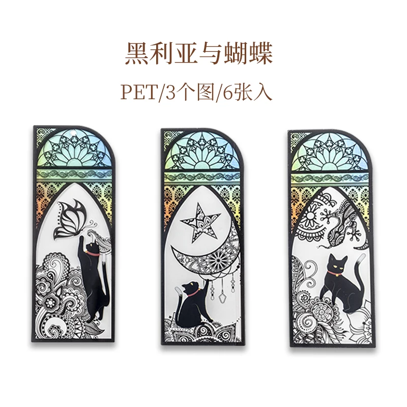 6 stuks/set schattige zwarte katten boekenleggers uit de dagelijkse serie, PVC mat, retro boekenpagina markering, kantoorbenodigdheden