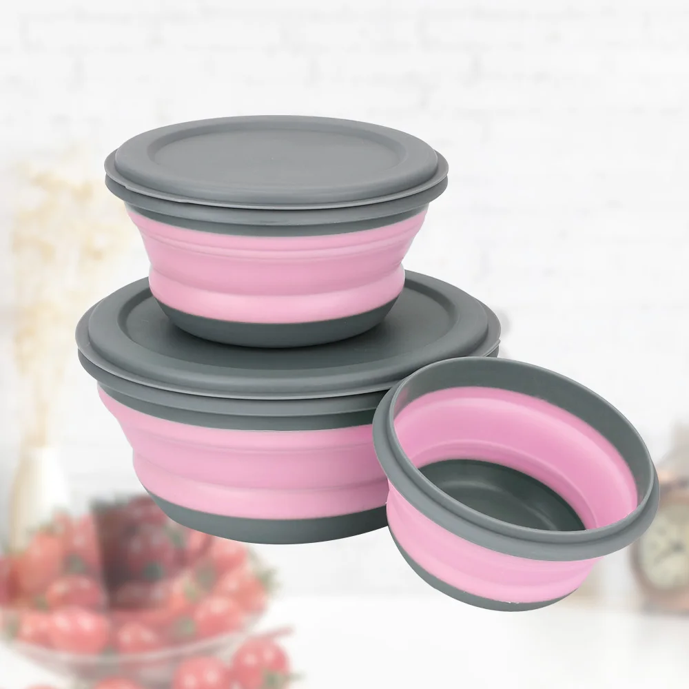 Foldable Salad Bowl Folding Lunch Box 3Pcs/Set with Lid Silicone Food Container Bowl Sets