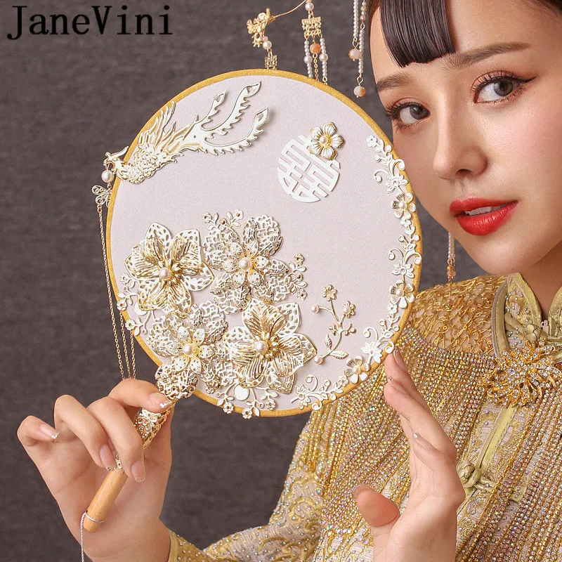 JaneVini Chinese Style Bridal Fan with Golden Tassels Gold Phoenix Pearls Ancient Bride Wedding Bouquet Fan Type Flowers 2021