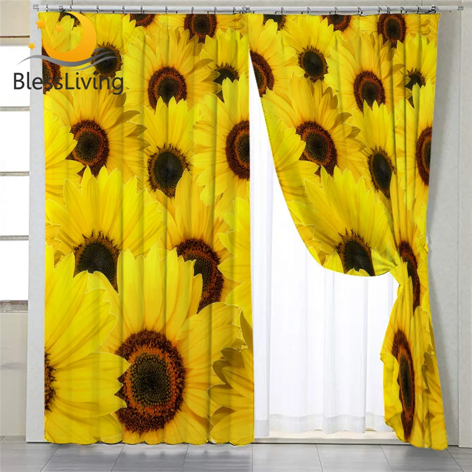 BlessLiving Flowers Kitchen Curtains Sunflower Blossoms Bedroom Curtain Nature 3D Printed Curtains Blackout 1-Piece cortinas