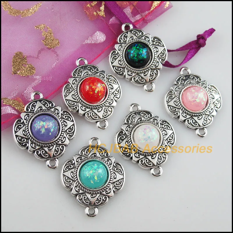 6 AB สั่นเรซิ่นตัวเชื่อมต่อดอกไม้ผสม Charms เงินทิเบต23.5x30mm