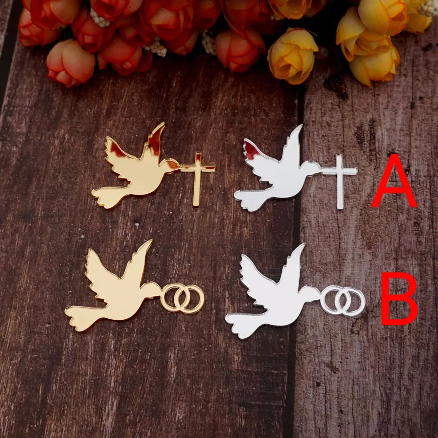 50pcs/Lot 5cm Pigeon Shape Acrylic Cutting Mirrored Dove with Cross/Rings Acrylic Tags DIY Christening Home Decoration