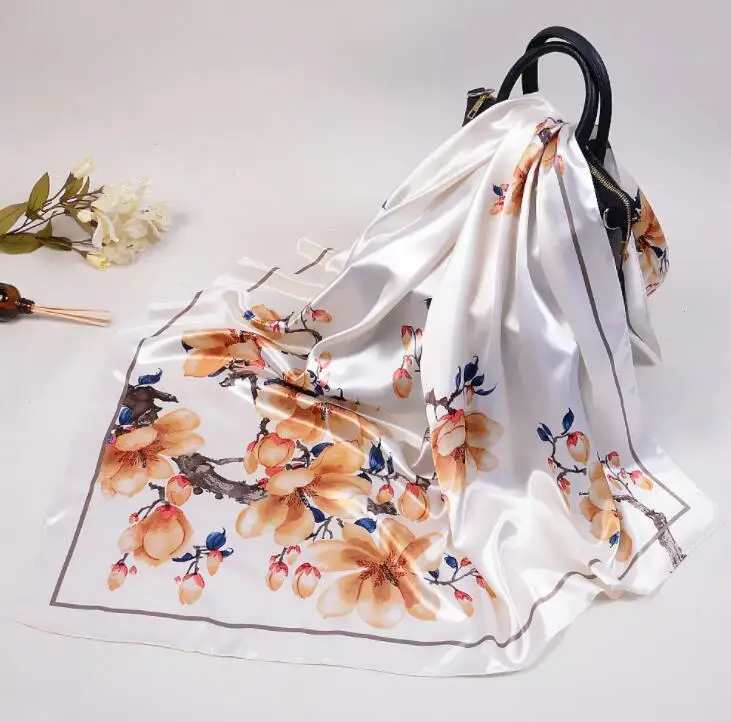 90*90cm Square Silk Scarf Luxury Brand Women Wintersweet Flower Print Neck Scarves Big Foulards Femme Bandana Handkerchief