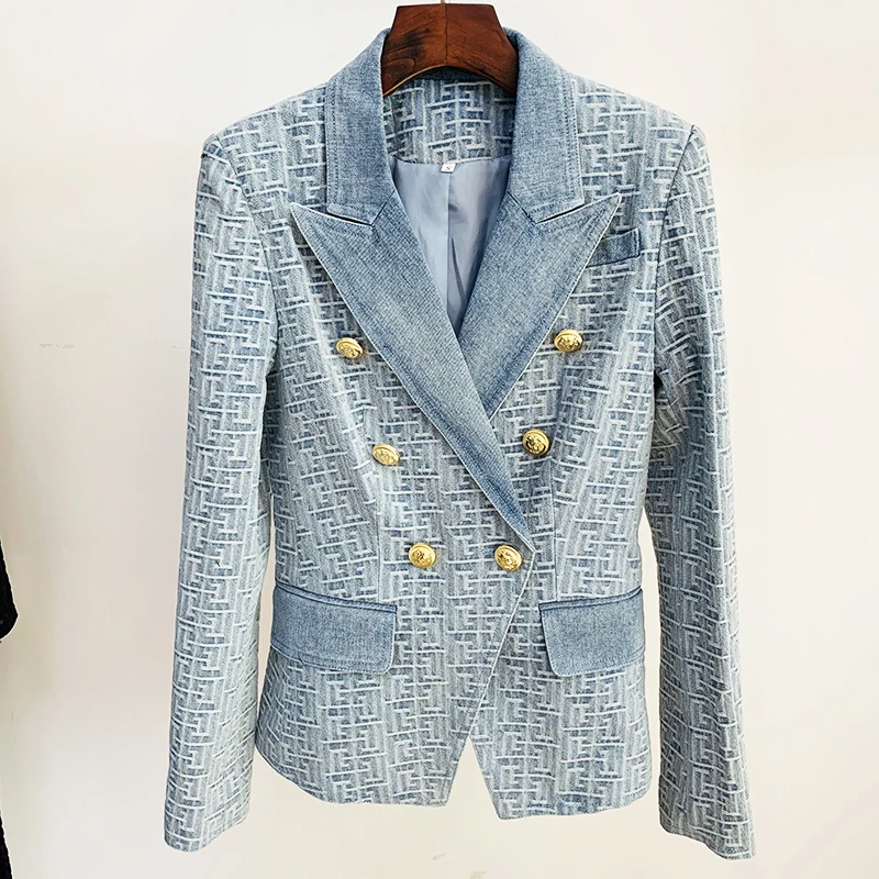 HIGH QUALITY Newest Fashion 2024 Designer Jacket Women Slim Fitting Double Breasted Lion Buttons Geometric Denim Blazer