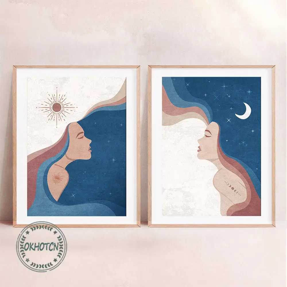 Abstract Sun Moon Canvas Painting Minimalist Boho Prints Blue Hair Woman Side Poster Nordic Wall Art Pictures for Living Room