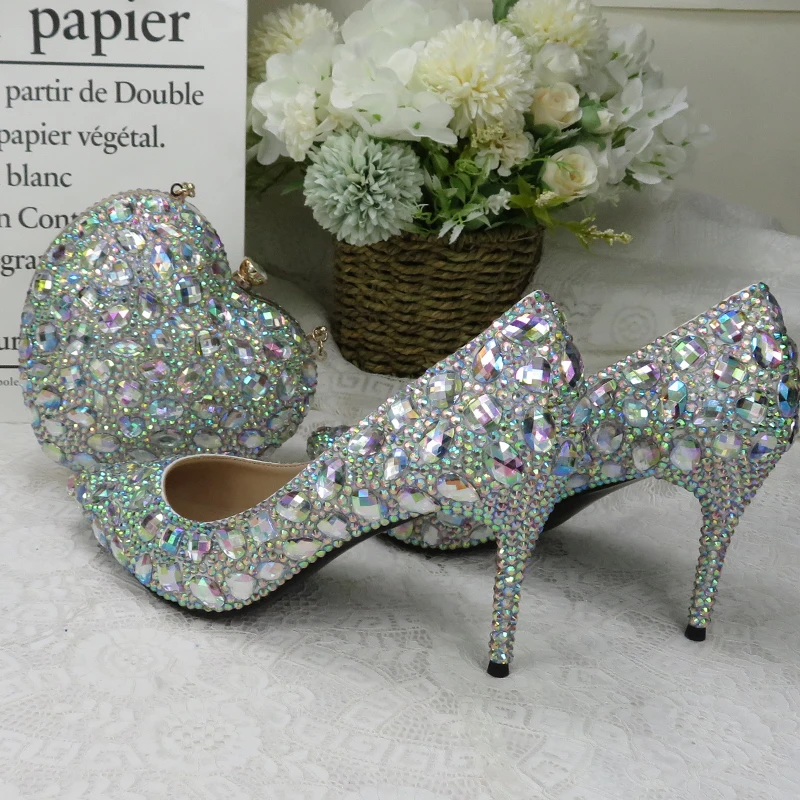 AB crystal royal blue Fucshia Heart handbags and shoes woman Luxury Wedding shoes Ankle strap Ladies Party shoe female view 4