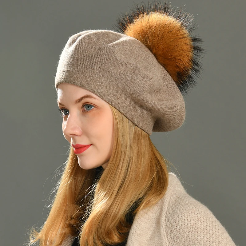 Autumn Winter Berets Hat Women Casual Knitted Wool Beret with Real Raccoon Fur Pom Pom Ladies Angola Cashmere Beret Hat Female