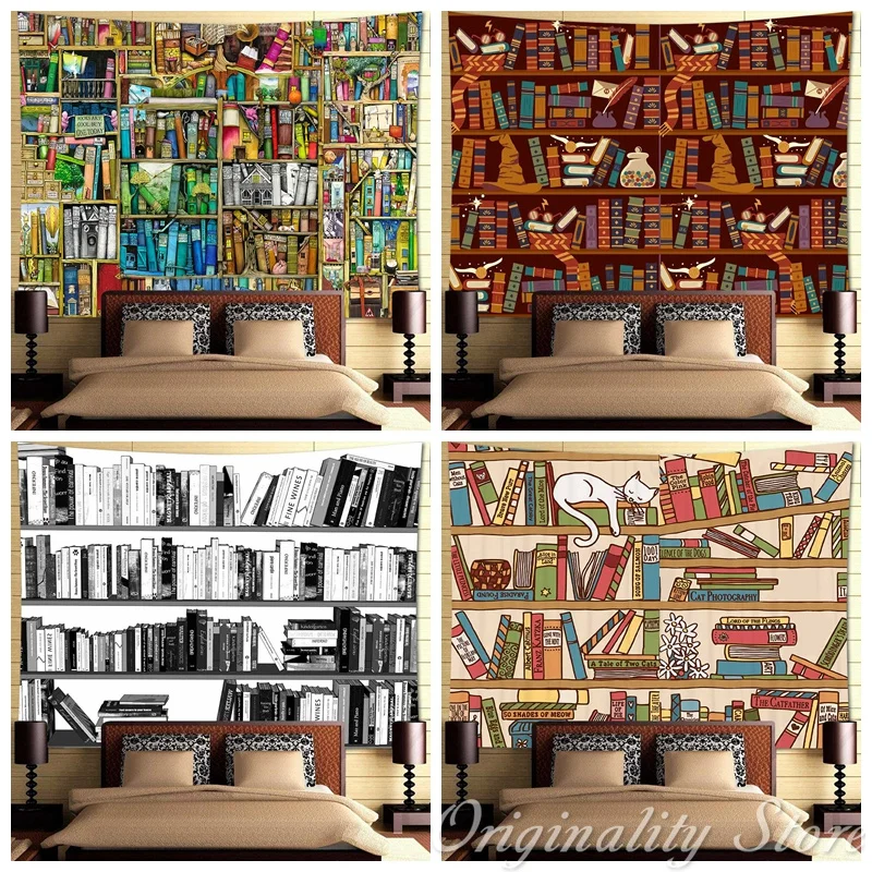 

Classical Vintage Wooden Library Tapestry Retro Bookshelf Art Wall Hanging Tapestries For Living Room Home Dorm Decor