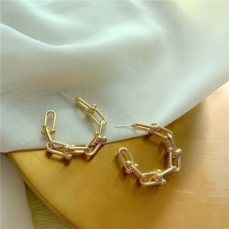Women Vintage Hoop Earrings Metal U Shape Chain Hoops Punk Earrings for Women Gothic Jewelry Gold Circle Earring Hyeperbole