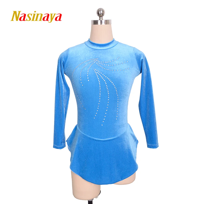 Figure Skating Costume Dress Ice Skating Skirt Sky Blue Velvet Curve Stones for Girl Women Kids Customized Competition