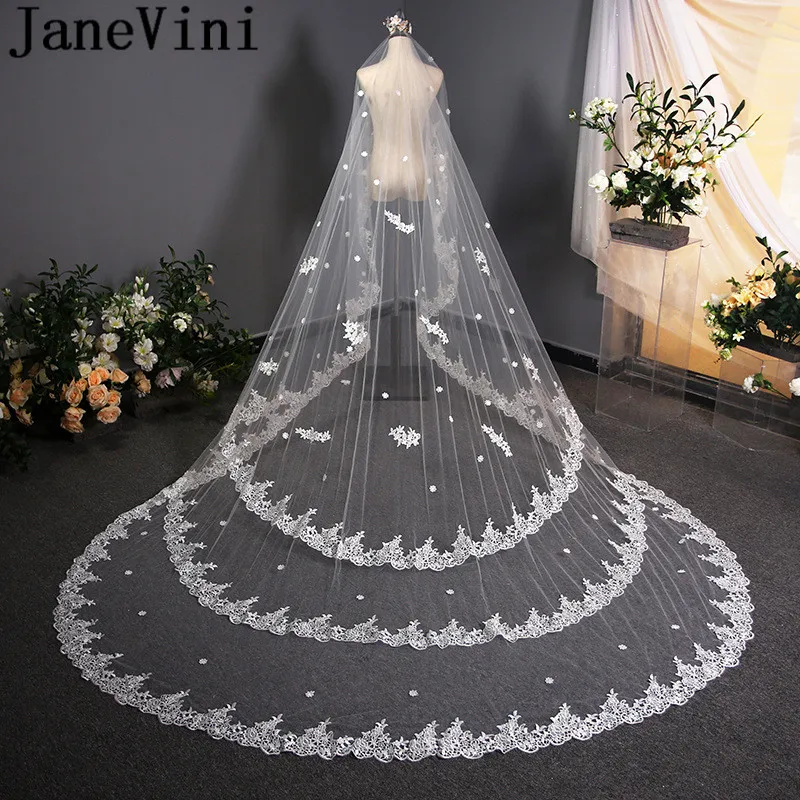 

JaneVini Elegant Lace Edge Bridal Veil Cathedral 3.8 Meters Long Wedding Veils for Brides Appliqued Tulle 2020 sluier kathedraal