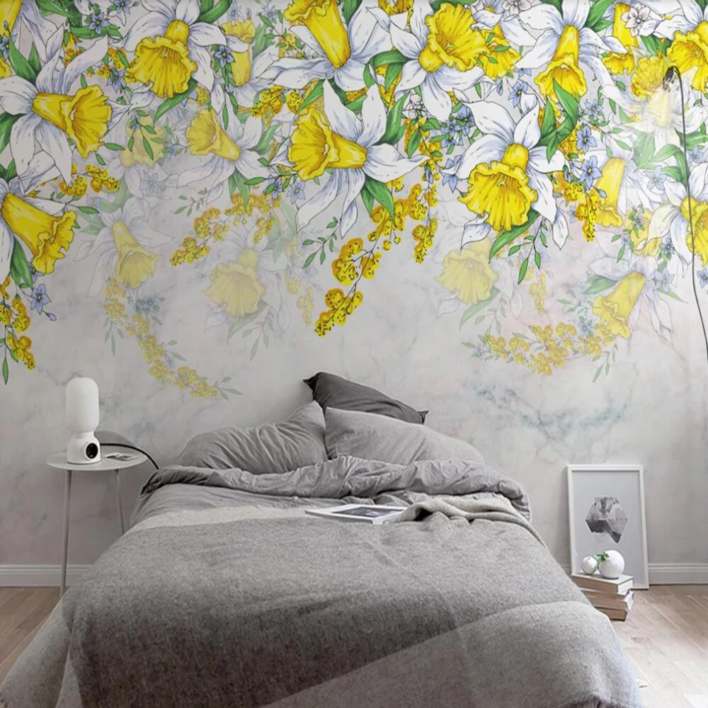 Milofi custom large wallpaper mural Nordic watercolor hand painted yellow floral background wall paper decorative painting