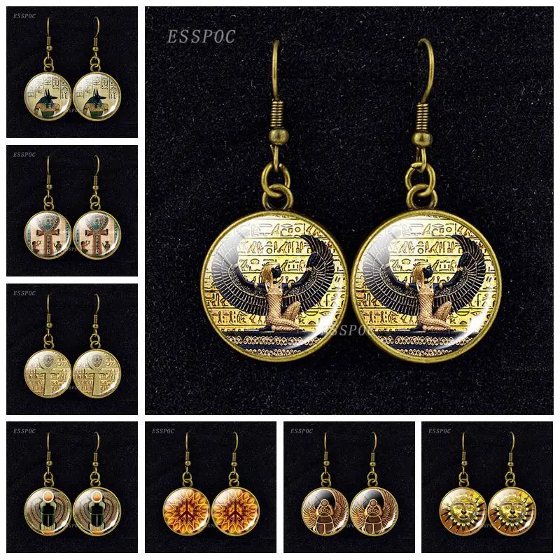 Retro Egyptian Ankh Cross Dangle Earrings Ancient Egypt Anubis Scarab Goddess Glass Cabochon Eardrop Earrings Gift for Women