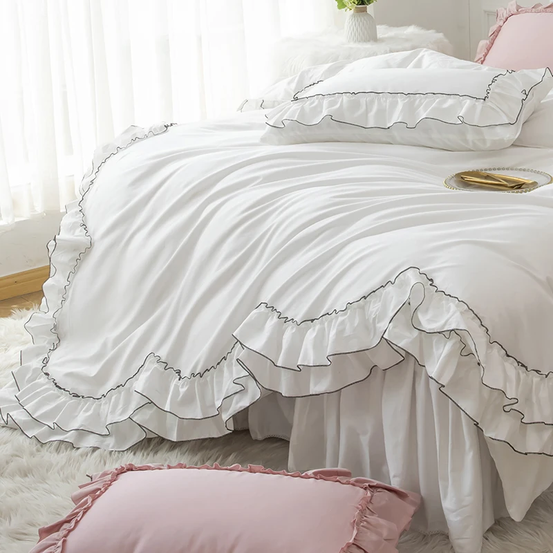 White Double Layer Ruffles Duvet Cover Set 100% Cotton Luxury Princess Bedding Set Bed Skirt Bedspread Pillowcases Solid Color