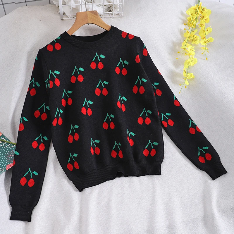 Autumn Winter Women Sweet Cute Preppy Style Cherry Print Loose Knitted Sweater Female Fashion Chic O-neck Pullover Knitwear Tops