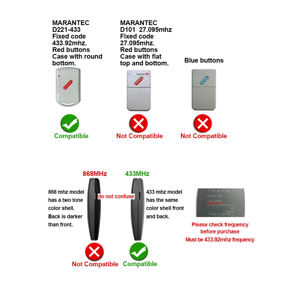 Marantec Digital 302 304 313 Comfort 220 250 252 433.92MHz Garage Door Remote Control 433MHz Fixed Code Transmitter