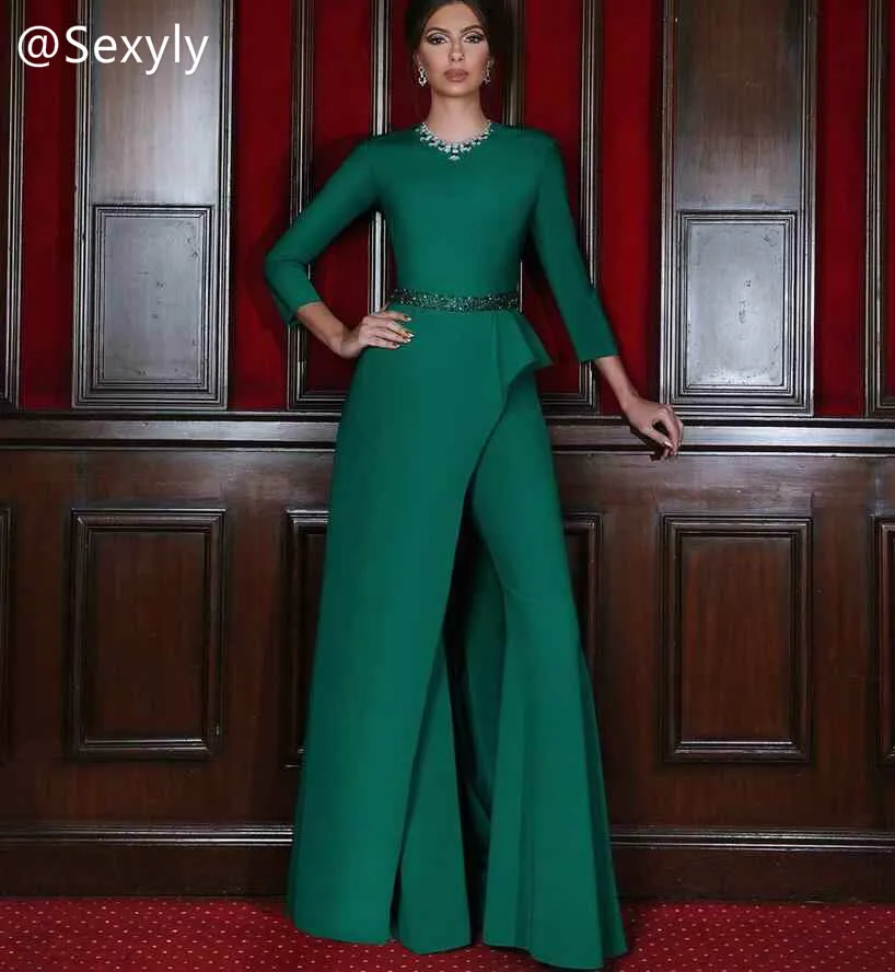 Middel East Muslim Evening Jumspuit Dress With Overskirt Train Vintage Emerald Green Arabic Dubai Prom Outfits Party Customized