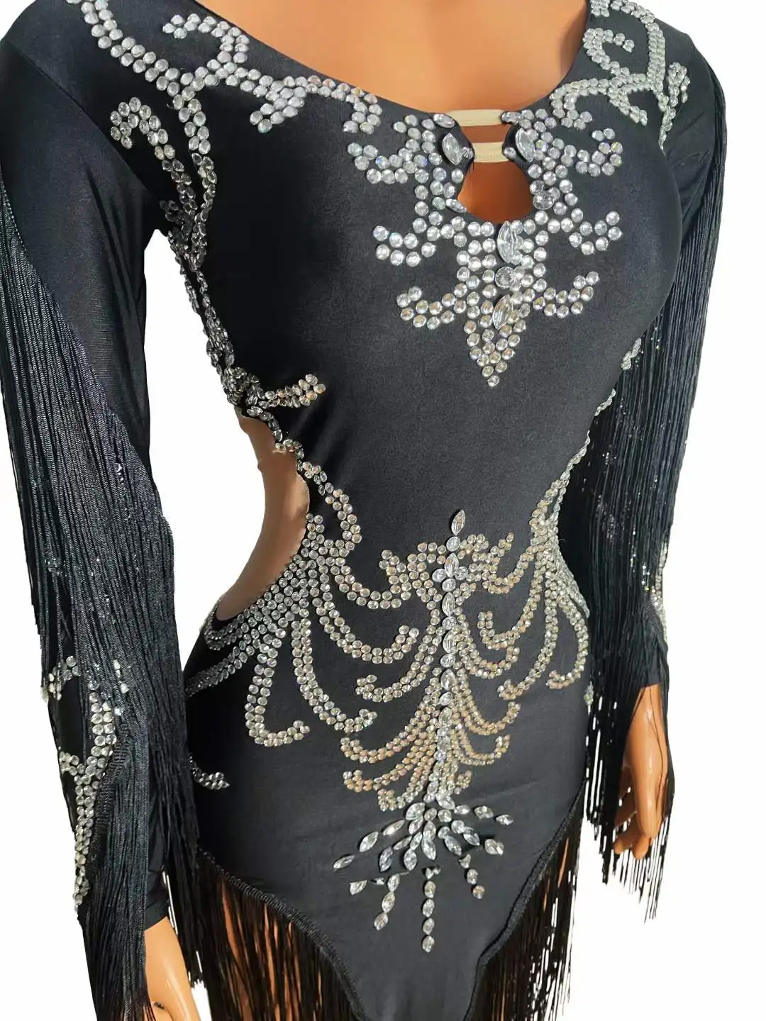 New Black Tassel Rhinestones Skinny Latin Dance Slit Dress Women Singer Dancer Stage Performance Wear Prom Evening Party Costume