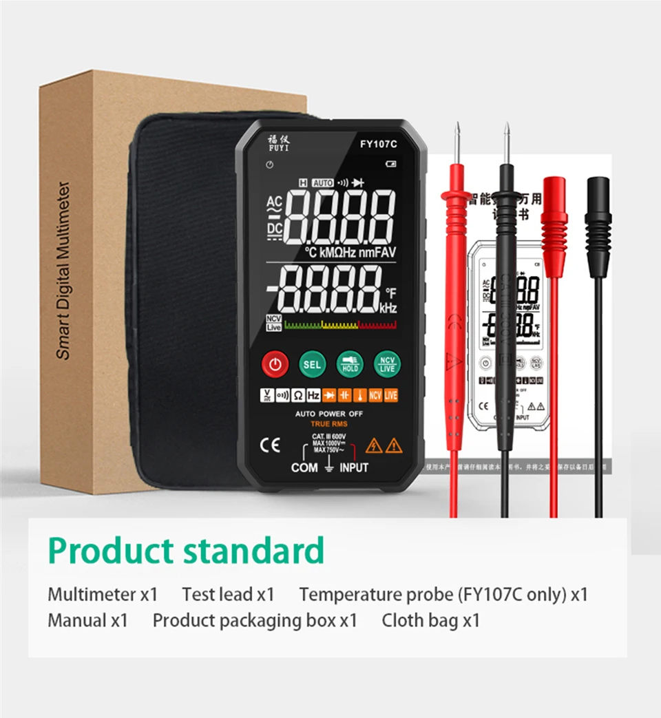 FY107 Professional Digital Multimeter 6000 Counts Tester Ture RMS AC DC NCV Transistor Duty Multimetro Voltage Smart Meter