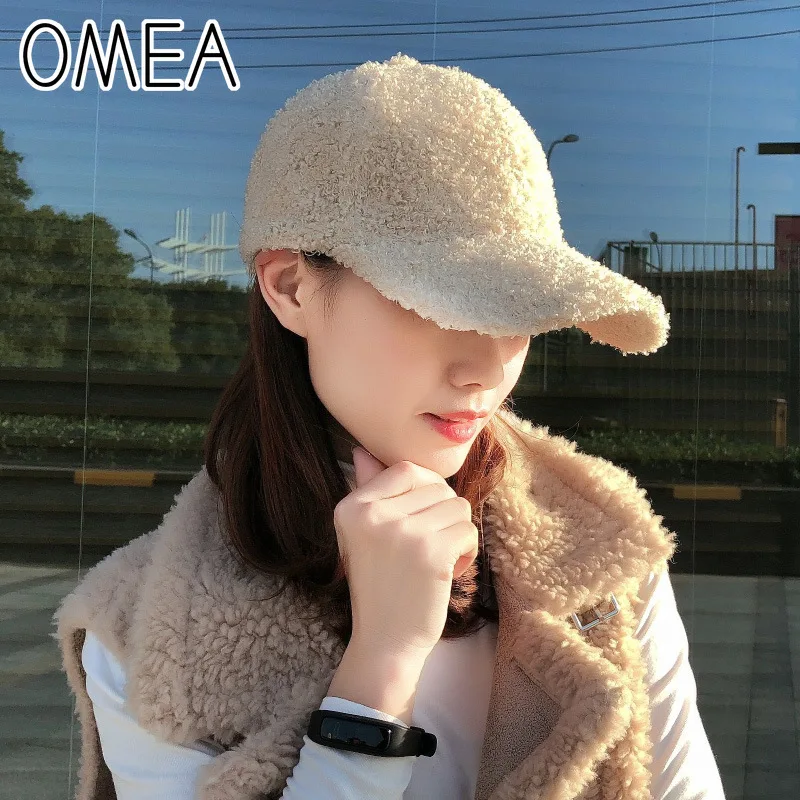 OMEA Lambs Wool Baseball Hat Women Curly Teddy Hair Snapback Cap Pink Hats Adjustable Visor Hat Winter Suede Cap Elegant Fashion