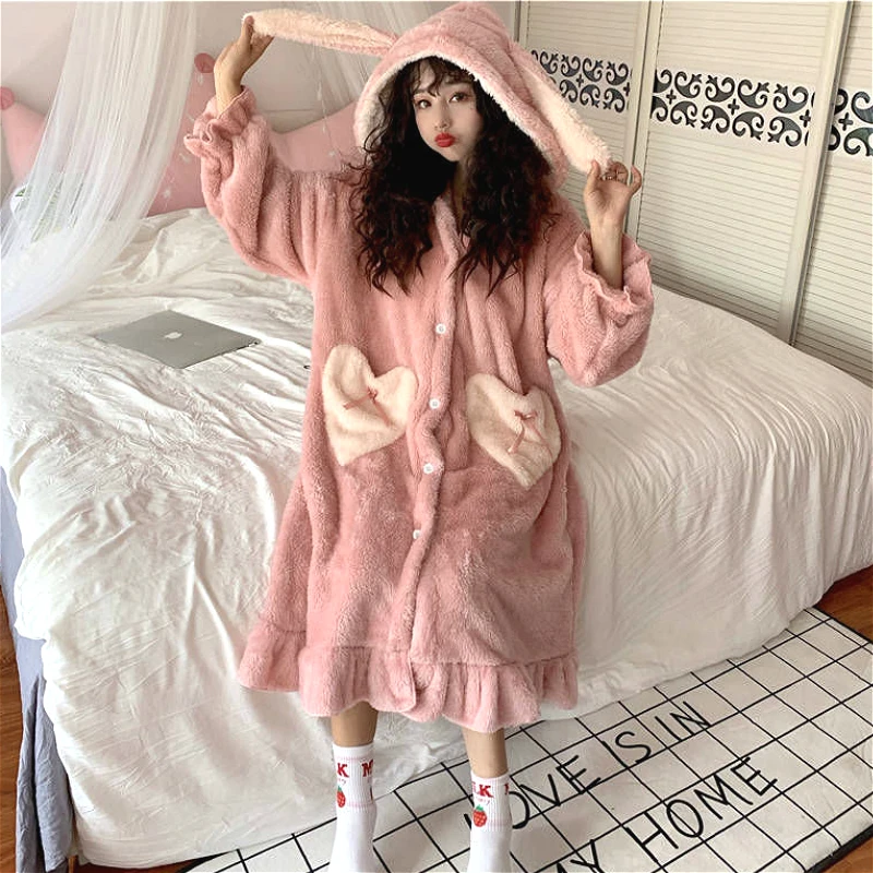 Winter Night Cute Night Dress Online Nightgowns Women Winter Thick Coral Velvet Kawaii Rabbit Ears Winter Night Cute Night Dress Online Nightgowns Women Winter Thick Coral Velvet Kawaii Rabbit Ears