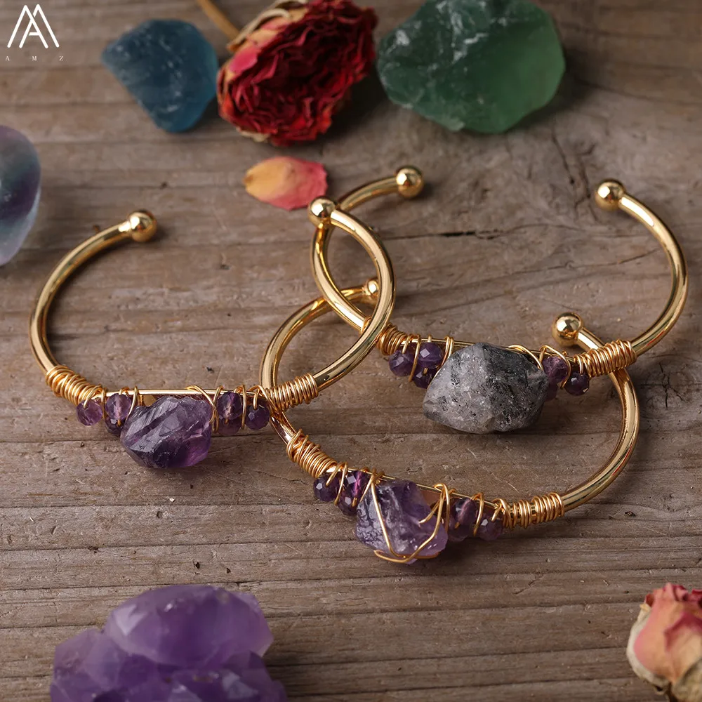 Gold Copper Wire Wrapped Natural Phantom Quartz Amethysts Quartz Chunky Nugget Beads Open Cuff Bangles Women Bracelets Jewelry