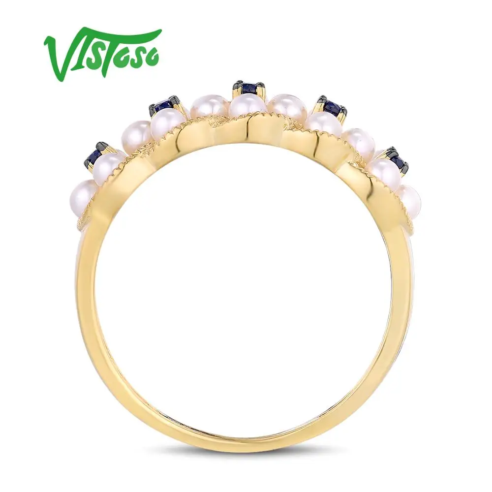 VISTOSO Gold Rings For Women Genuine 14K 585 Yellow Gold Ring Natural Blue Sapphire Fresh Water Pearl Luxury Trendy Fine Jewelry