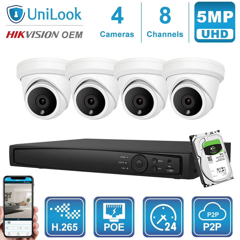UniLook 8CH NVR 4/6/8Pcs 5MP POE IP Camera NVR Kit Outdoor CCTV  Security System Night Vision OEM H.265 P2P View Audio