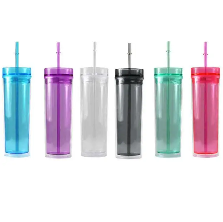 25pcs/Lot 22oz Acrylic Skinny Tumbler Plastic Pure Drink Cup Double Wall With Lid Straw Straight Colorful Travel Party Gift SN