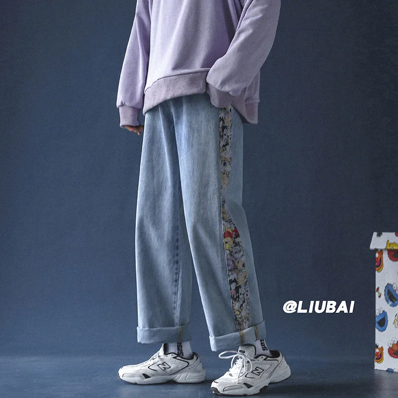 ICCLEK Autumn New Printed Jeans Men's Loose Straight-leg Pants Casual Trousers Ripped Jeans for Men  Jeans  Black Jeans Men