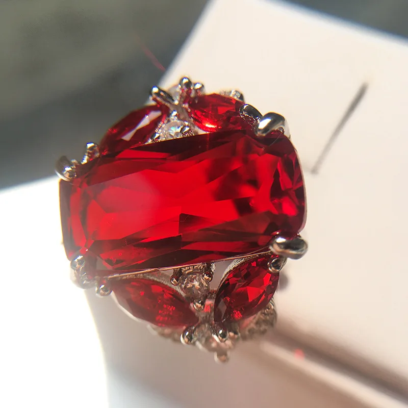 Luxury 6 ct Big Red square Cut Shining AAA Zircon Ring large CZ stones Ring for Women 925 Silver Jewelry Rings Valentines Day