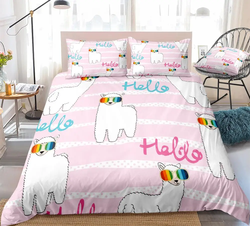 3pcs White Alpaca Duvet Cover Set Cartoon Animal Bedding Cute Pink Quilt Cover Queen Bed Set Kids Girls King Rainbow Dropship