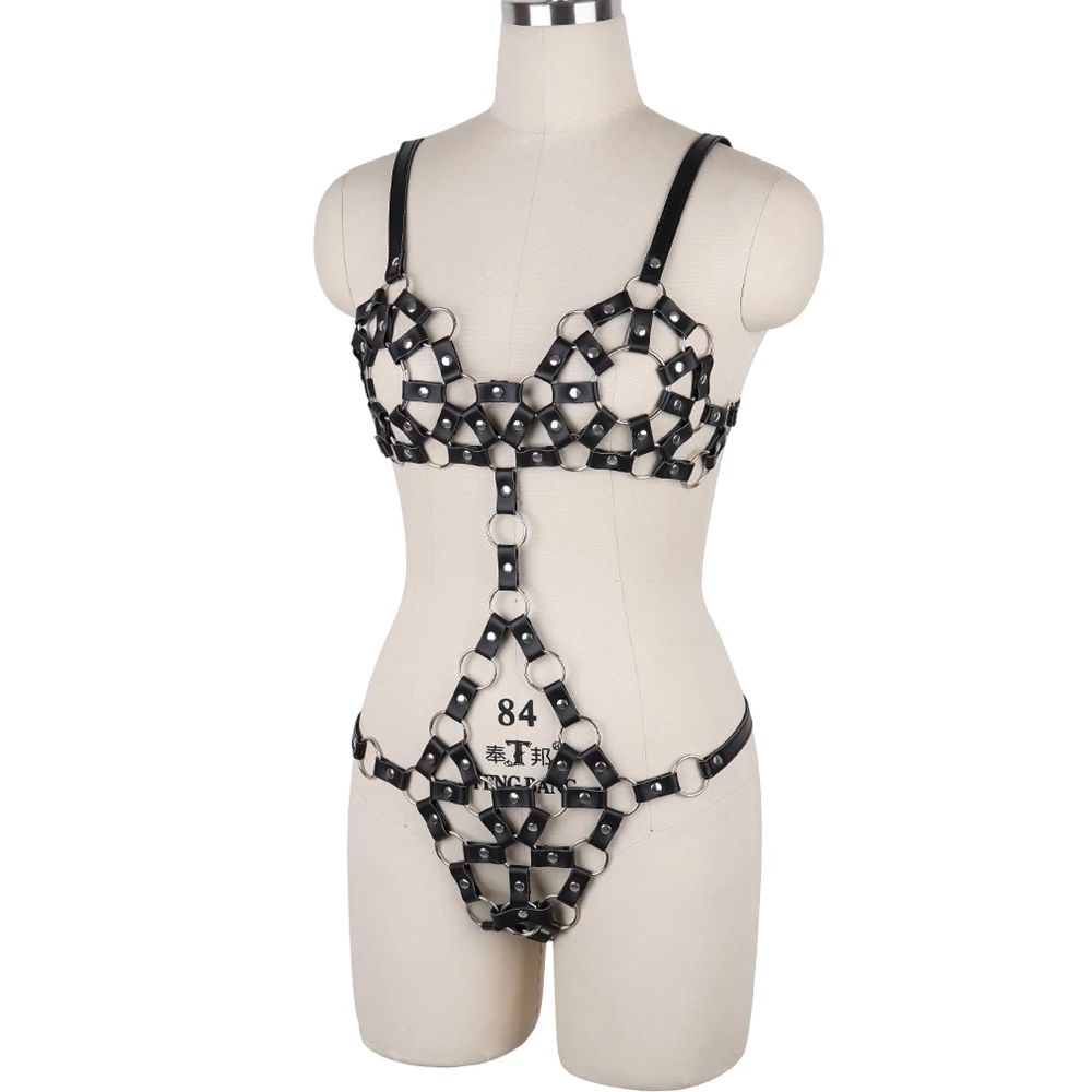 Conjunto lingerie sexy para mulheres, tops de couro punk, corrente de metal, arnês estilo gótico, suspensor do tamanho da cintura, traje de pole dance