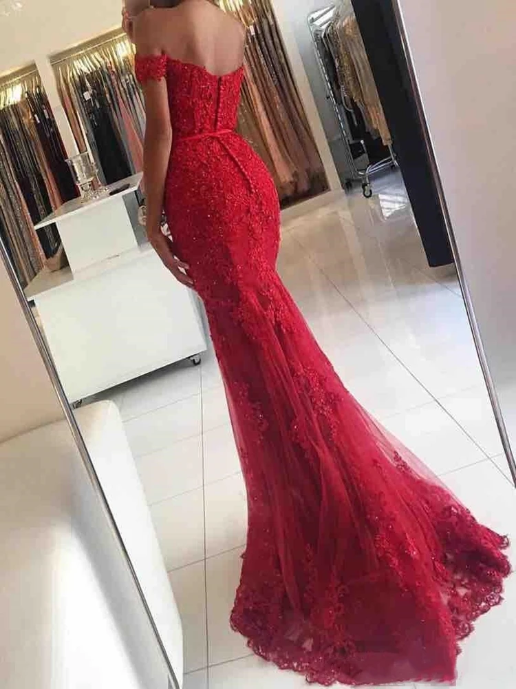 2020 Red Lace Mermaid Prom Dresses veatidos off Shoulder Beaded Appliques Tulle Floor Length Long Evening Occasion Party Gowns