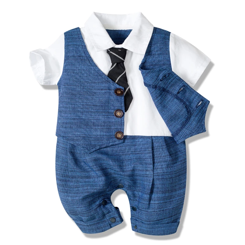 Baby Boy Clothes Summer Cotton Formal Romper Gentleman Tie Outfit Newborn One-Piece Clothing Handsome Button Jumpsuit Party Suit