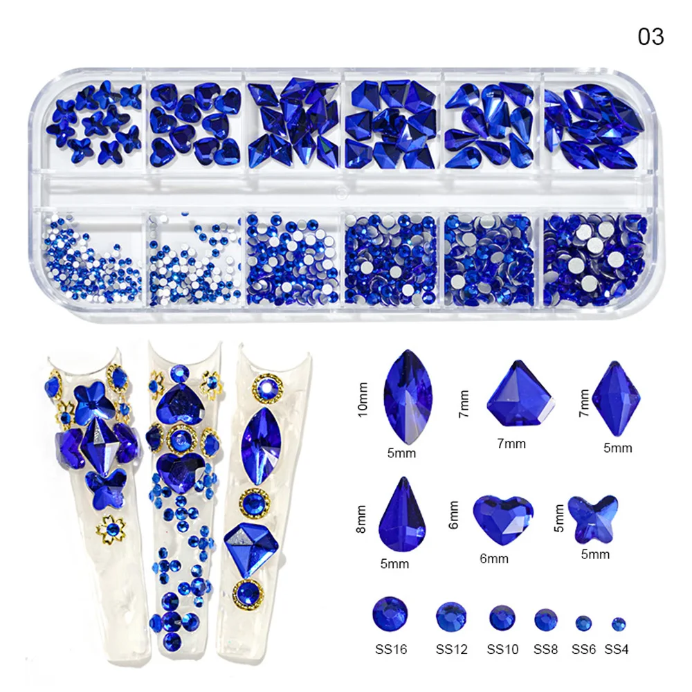 Strass multi-formes pour nail art, verre cristal 3D, diamant astronomique plat AB, 12 tailles mélangées, décoration de manucure, boîte de 12 grilles, # LK4