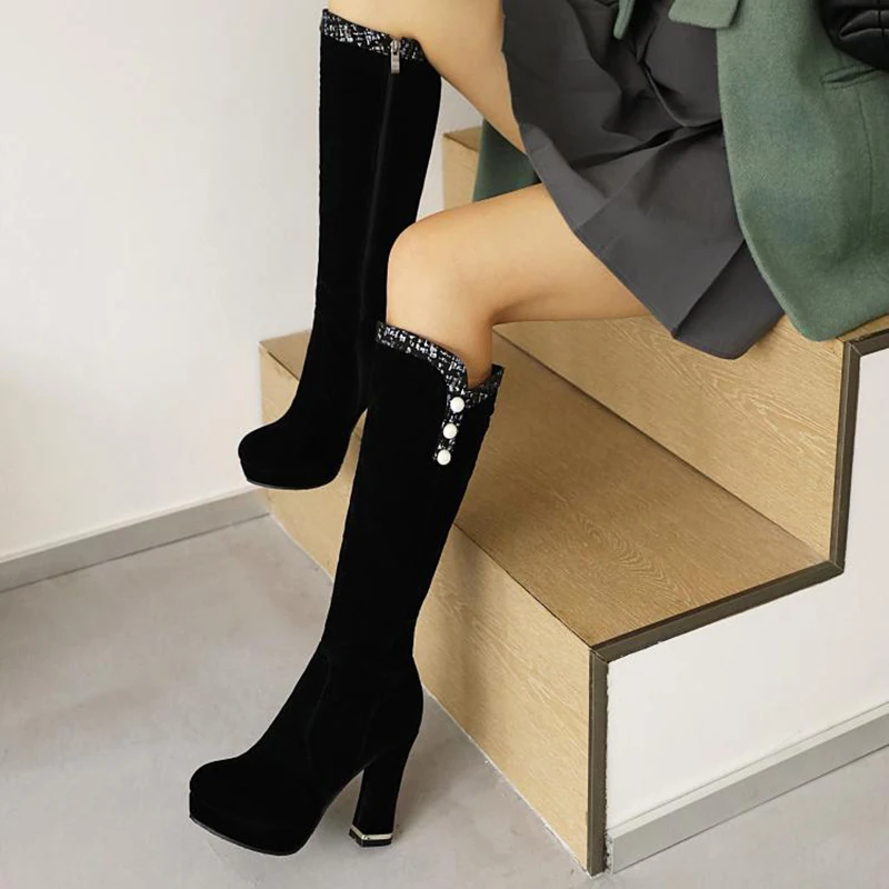 Kolnoo New Handmade Women Chunky Heel Boots Pearls Sexy Platform Mid-calf Booties Evening Party Prom Fashion Black Winter Shoes