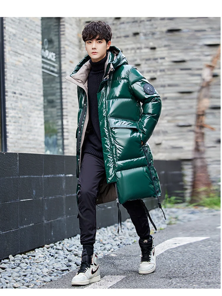 Green Glossy Down Jacket Loose Mens Long Handsome Trendy Thickened Coat Man 2021New White Duck Down Overcoat Hooded Men Clothing