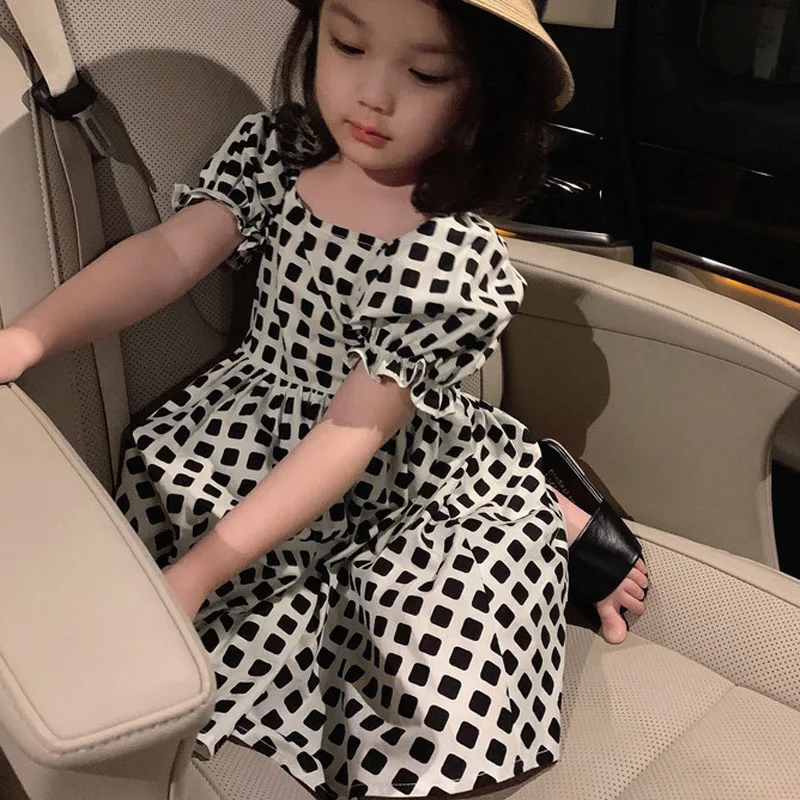 Summer Girls Dress Small Floral Plaid Princess Dress 2021Small Fresh Short-Sleeved Baby Kids Clothes Children\'S Clothing