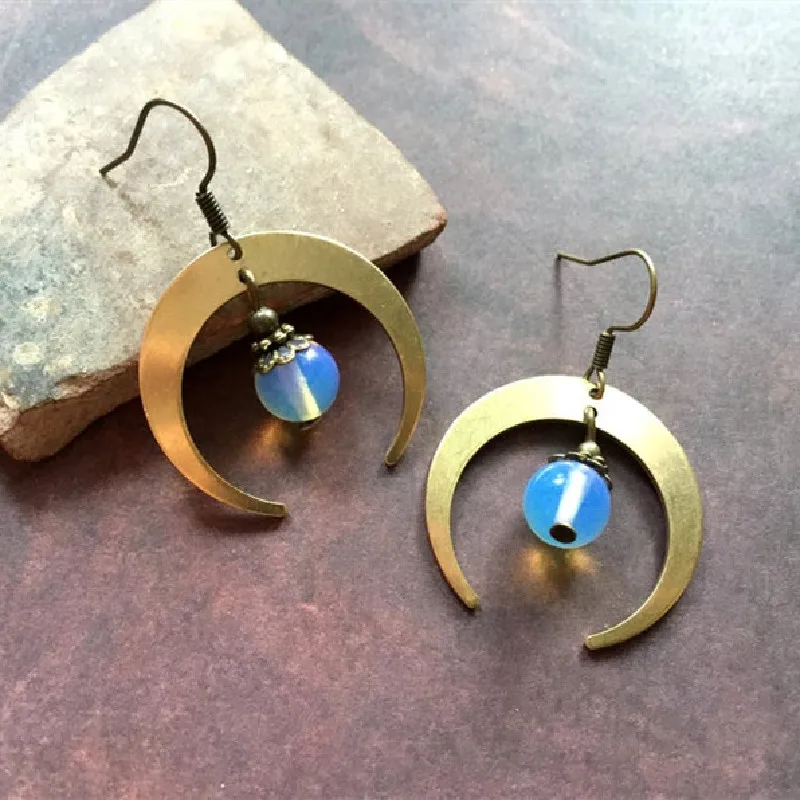 Brass Moonstone Crecent Moon Earrings Celestial Astronomy Boho Hippies Witch Punk Statement Jewelry Women Gift for Her Fashion