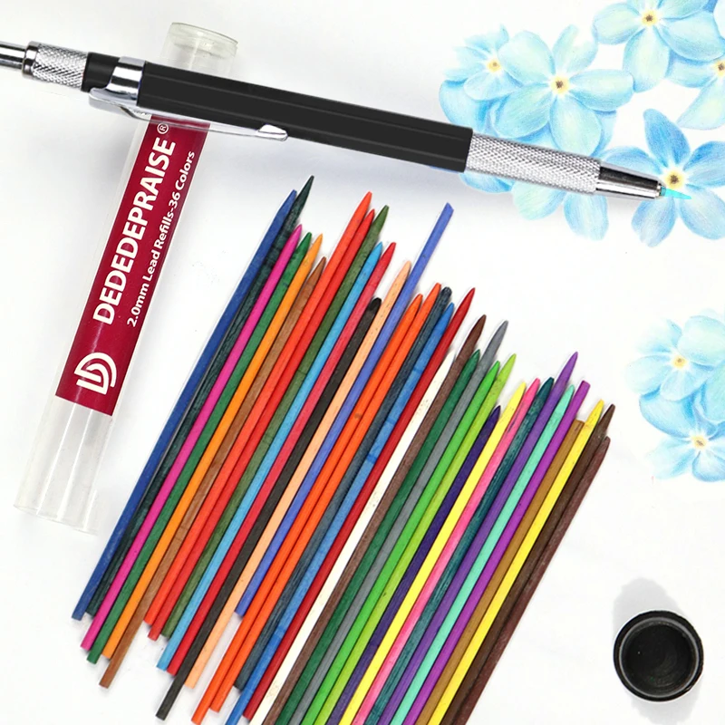 DEDEDEPRAISE Sketch 2.0MM Press Mechanical Pencil & 36colors Leads Drawing Colored Pencils Automatic Pencils Replacement Leads